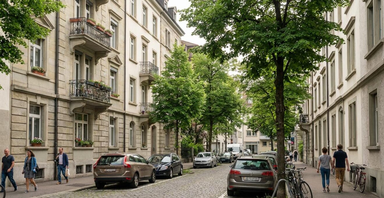Typische Basler Wohnstrasse mit gepflegten Altbaufassaden – Quartierpreise Basel