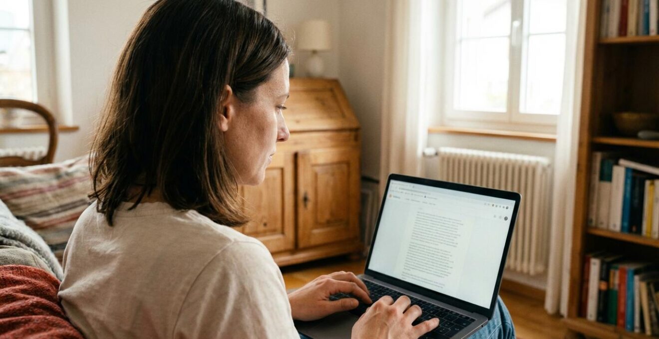 Person recherchiert Immobilienpreise auf Laptop in Schweizer Wohnzimmer – Immobilienbewertung online